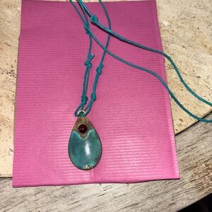 HANDMADE NECKACE COPPER TEAL 13” TOTAL LENGTH WITH PENDENT CORDED ROPE 11.5”